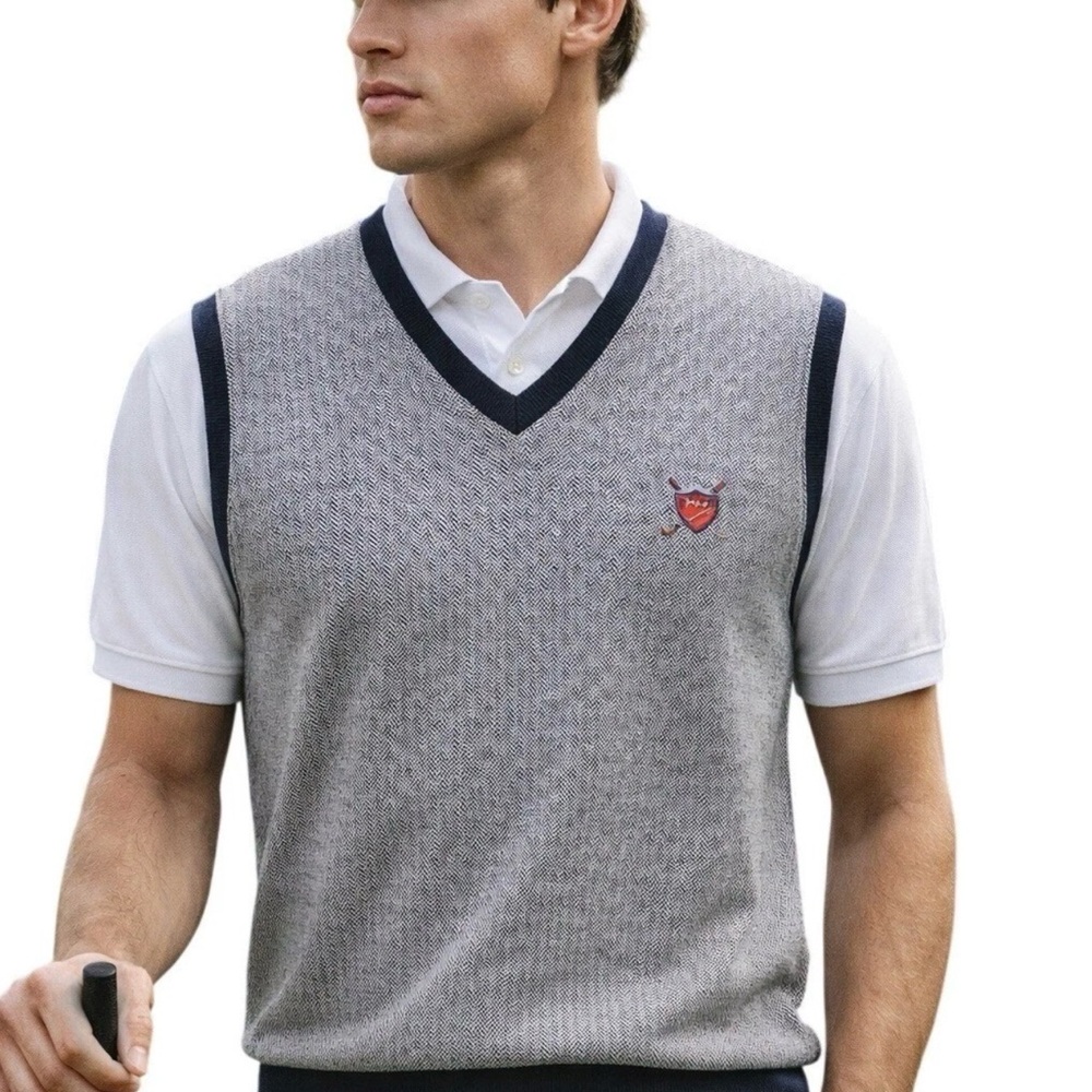 Vtg Polo Ralph Lauren Sweater Vest XL Blue Gray Crest Golf Preppy